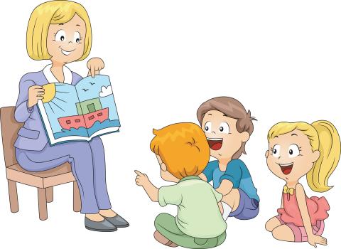Cartoon Picture of Adult on Chair Reading to Children on Floor